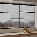 Modern Window Blinds On Indoor Window With Mountain View And Decorative Figurine