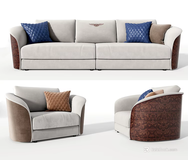 Modern Sofa Set With Three Seater Sofa Armchairs And Decorative Blue Brown Pillows 3d model 