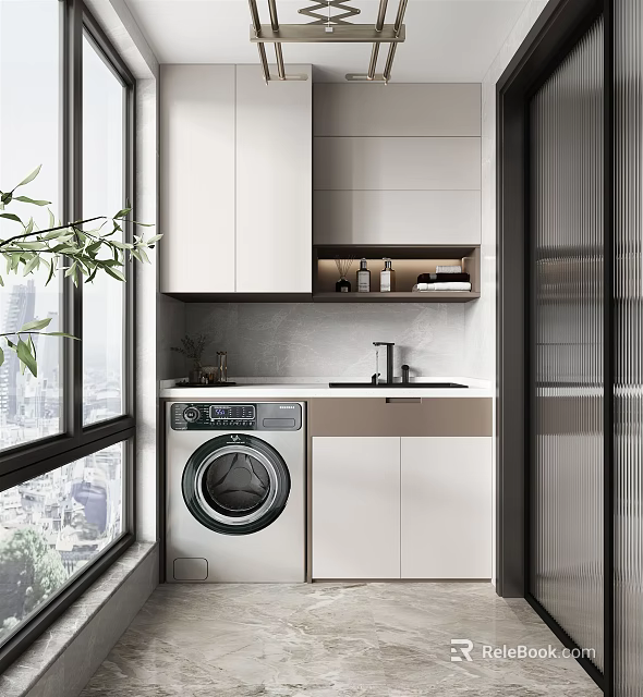 Modern White Bathroom Cabinet Design With Washing Machine Window And Green Plant 3d model 