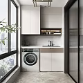 Modern White Bathroom Cabinet Design With Washing Machine Window And Green Plant