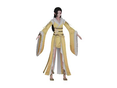 Woman in Traditional Yellow Robe with Belt and Fur Trimmed Cuffs and Long Hair 3d model