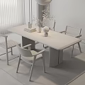 Wooden Dining Table Set with Four Chairs Books Vase Lamp Window Plant and Pendant Light