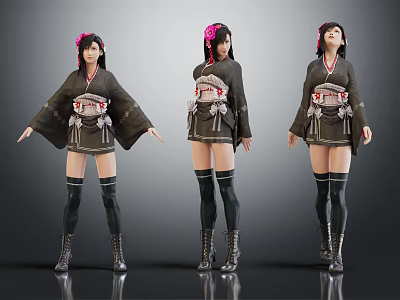 Three Angles Female 3D Character Wearing Dark Kimono With Pink Hair Accessory And Long Boots 3d model