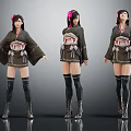 Three Angles Female 3D Character Wearing Dark Kimono With Pink Hair Accessory And Long Boots