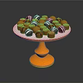 Assorted Chocolate Candies on Golden Pedestal Stand with Striped and Round Toppings