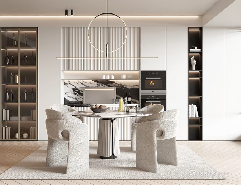 Modern Open Concept Restaurant Interior With Dining Table Comfortable Chairs And Pendant Lighting 3d model