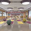 Indoor Fitness Studio With Colorful Yoga Mats Neatly Arranged Exercise Balls And Round Ceiling Lights