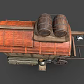 Rustic Vintage Wooden Cart With Red Roof And Two Wooden Barrels On Top