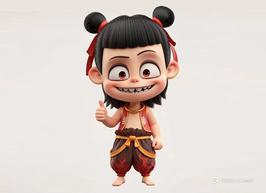 Cartoon Game Movie Character With Bun Hairstyle Red Ribbons Smiling Thumbs Up And Traditional Outfit 3d model 