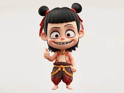 Cartoon Game Movie Character With Bun Hairstyle Red Ribbons Smiling Thumbs Up And Traditional Outfit 3d model