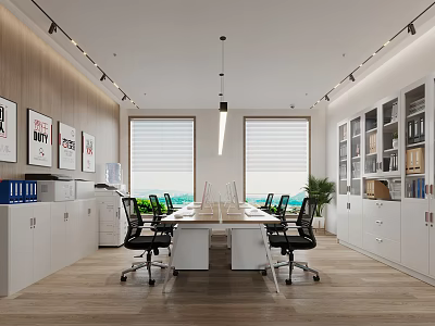 Modern Office Meeting Room with Long Table Black Chairs White Cabinets Bookshelves and Posters 3d model