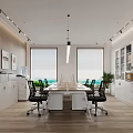 Modern Office Meeting Room with Long Table Black Chairs White Cabinets Bookshelves and Posters 3d model