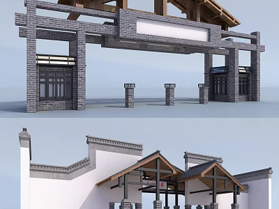 Traditional Chinese Gate Design With Wooden Frame Tile Roof And Stone Pillars Details 3d model