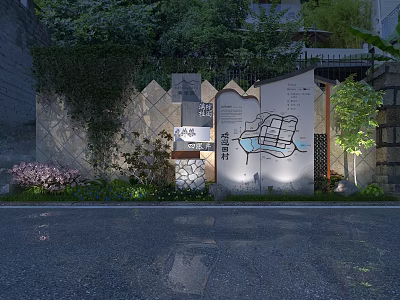 Garden Ornament Design With Map Signage Green Plants Stone Wall And Lighting 3d model