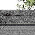 Gray Stone Scenic Wall With Engraved Characters And Green Tree Above Gray Tile Floor