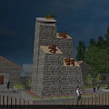 Stone Monument With Top Device Red Star Building Green Trees And Pedestrians In Courtyard