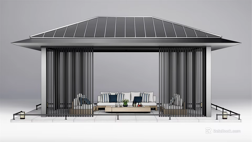 Modern Garden Pavilion With Sloped Striped Roof Vertical Black Slats And Outdoor Sofa Coffee Table Area 3d model 