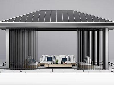 Modern Garden Pavilion With Sloped Striped Roof Vertical Black Slats And Outdoor Sofa Coffee Table Area 3d model
