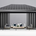Modern Garden Pavilion With Sloped Striped Roof Vertical Black Slats And Outdoor Sofa Coffee Table Area
