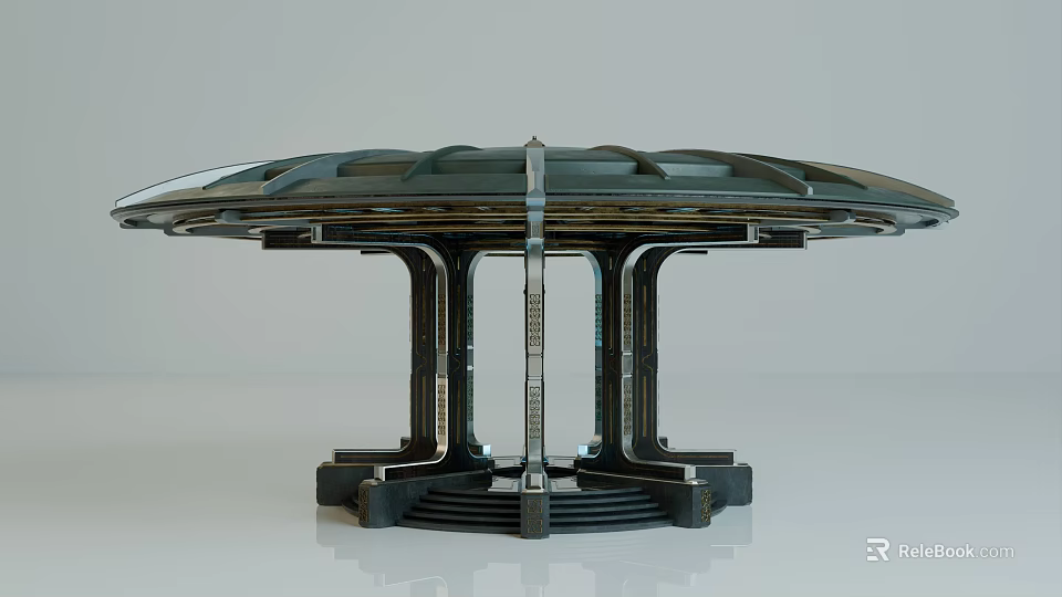 Futuristic Architectural Structure Featuring Circular Top And Sleek Metallic Supporting Pillars 3d model