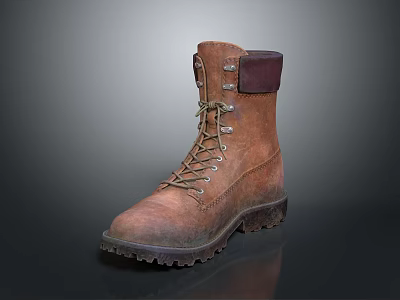 Brown Leather Work Boots Featuring Thick Sole And Light Colored Laces Design 3d model