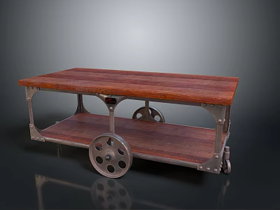 Vintage Wooden Cart With Two Tier Shelves And Metal Frame And Decorative Wheels For Storage 3d model
