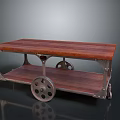 Vintage Wooden Cart With Two Tier Shelves And Metal Frame And Decorative Wheels For Storage