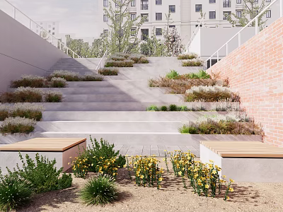 Urban Park Landscape With Stone Staircase Green Plants Wooden Benches And Brick Wall 3d model