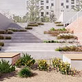 Urban Park Landscape With Stone Staircase Green Plants Wooden Benches And Brick Wall
