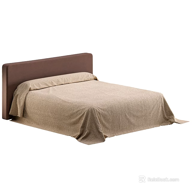 Double Bed With Brown Headboard And Beige Bedspread Simple Modern Design 3d model 