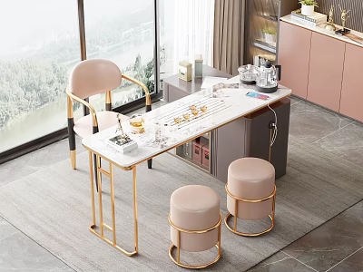 Elegant Modern Tea Table and Chairs with Marble Top and Blush Seats by Large Window 3d model