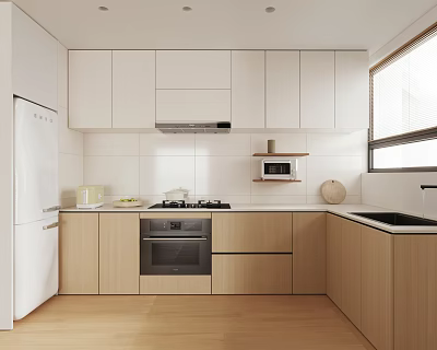 Modern Kitchen Interior With White Light Wood Cabinets Refrigerator Stove And Microwave 3d model