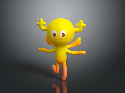 Cute Yellow Cartoon Character Creature With Smiling Face Big Eyes Round Body And Orange Limbs 3d model