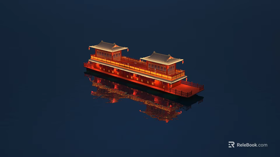 Traditional Wooden Boat With Chinese Style Roof Illuminated Floating On Water At Night 3d model 