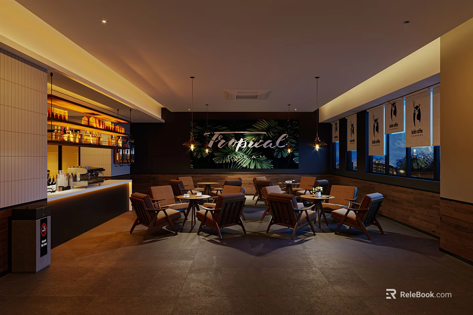 Tropical Café Interior Design With Wooden Tables Green Plants Pendant Lights And Bar Counter 3d model 