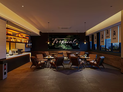 Tropical Café Interior Design With Wooden Tables Green Plants Pendant Lights And Bar Counter 3d model