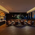 Tropical Café Interior Design With Wooden Tables Green Plants Pendant Lights And Bar Counter