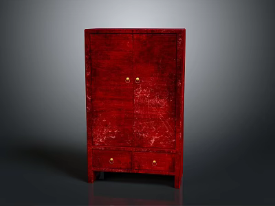 Red Wooden Cabinet With Double Doors Bottom Drawers And Golden Handles 3d model
