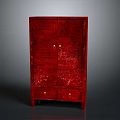 Red Wooden Cabinet With Double Doors Bottom Drawers And Golden Handles