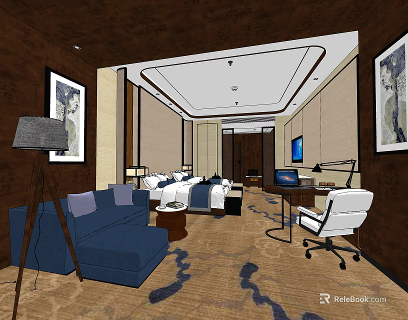 Elegant Hotel Guest Room Interior With Blue Sofa Patterned Carpet Bed Desk And Paintings 3d model 