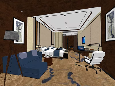 Elegant Hotel Guest Room Interior With Blue Sofa Patterned Carpet Bed Desk And Paintings 3d model