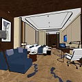 Elegant Hotel Guest Room Interior With Blue Sofa Patterned Carpet Bed Desk And Paintings