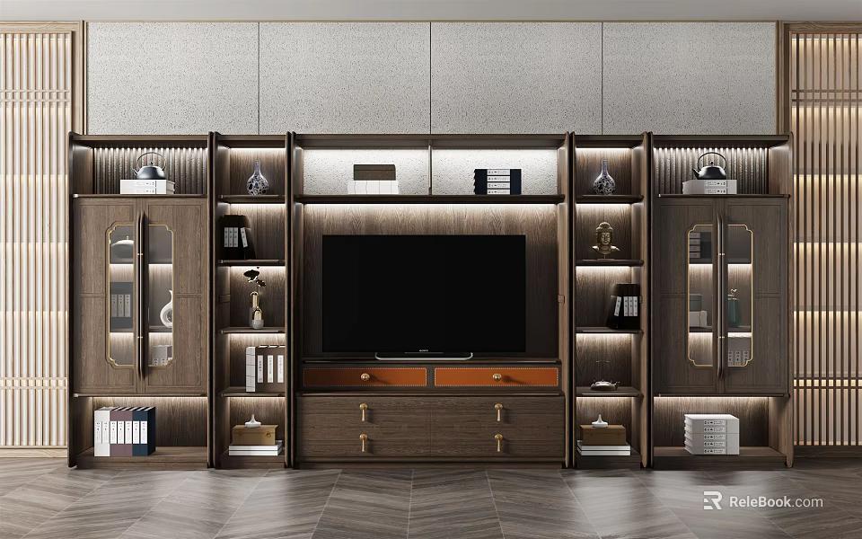 Modern Wooden TV Background Cabinet With Storage Shelves And LED Lighting Design 3d model 