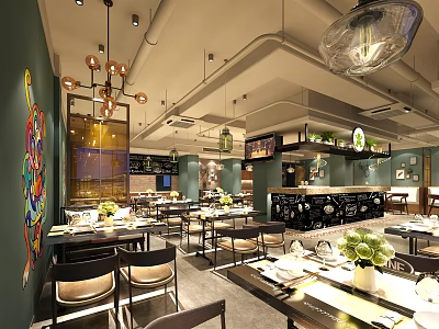 Stylish Restaurant Interior With Dining Tables Chairs Pendant Lights Decorative Wall And Bar Counter 3d model