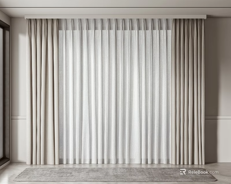 Beige And White Thick Curtains With Sheer Panels In Modern Interior Room 3d model 