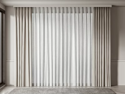 Beige And White Thick Curtains With Sheer Panels In Modern Interior Room 3d model