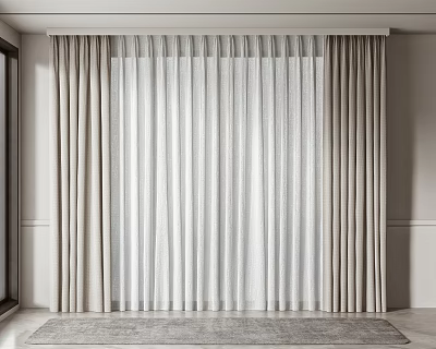 Beige And White Thick Curtains With Sheer Panels In Modern Interior Room 3d model