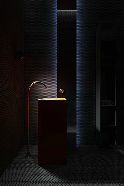 Modern Bathroom Sink With Curved Faucet And Warm Ambient Lighting Design 3d model