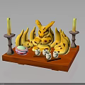 Yellow Food Shaped Dessert With Candles Small Cups And Pink White Container On Red Base