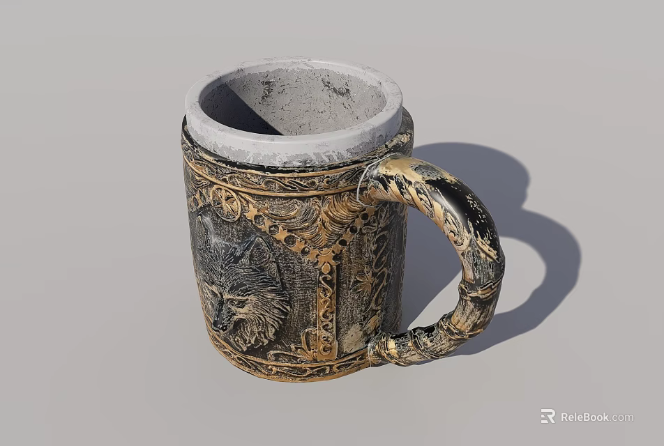 Carved Decorative Ceramic Tea Mug With Animal Head Pattern And Gold Black Decorations 3d model 